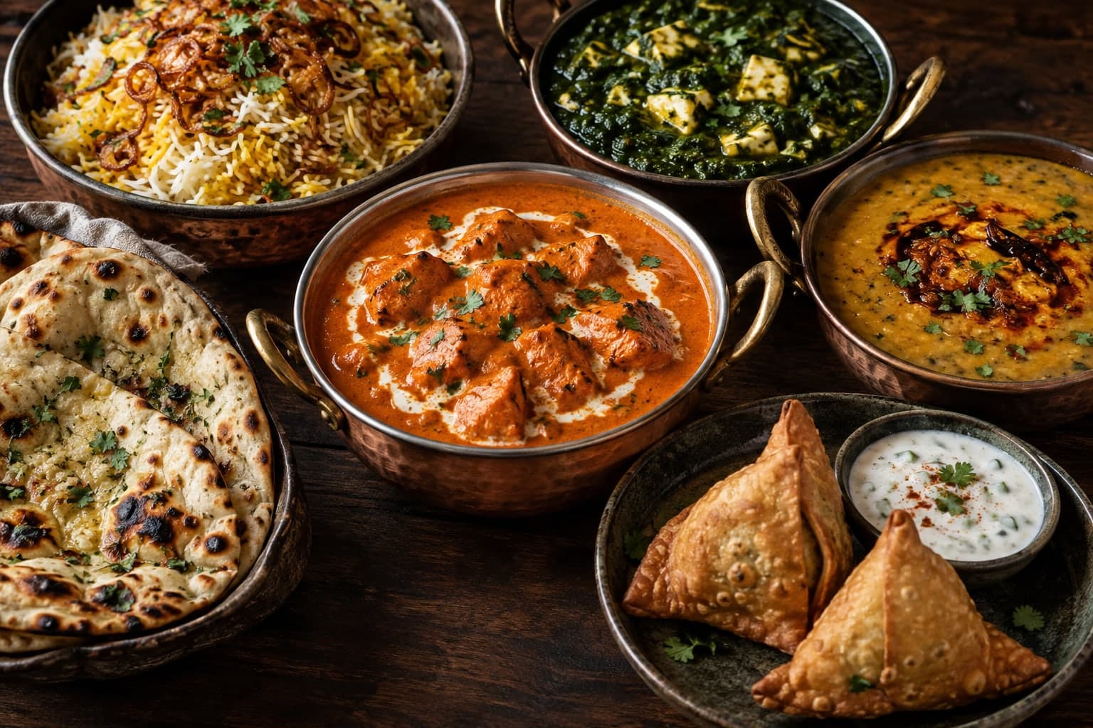Indische Gerichte mit Butter Chicken, Palak Paneer, Dal, Biryani, Knoblauch-Naan und Samosas auf einem dunklen Holztisch