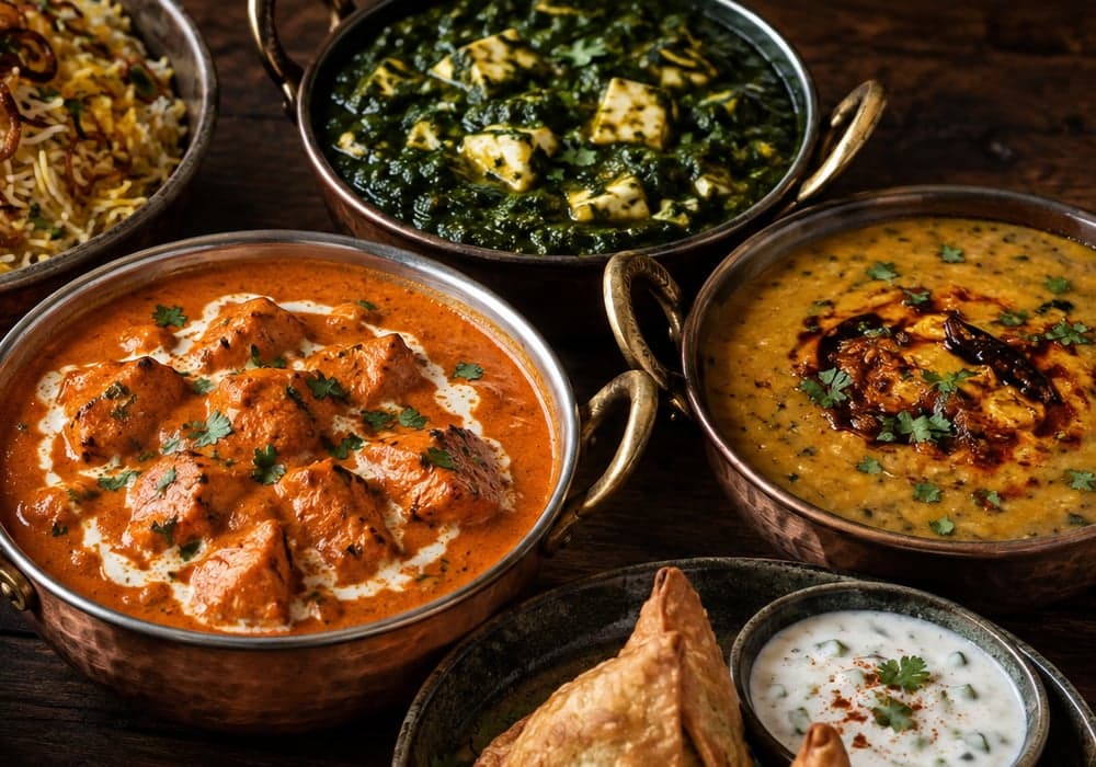 Butter Chicken, Palak Paneer und Dal in kupfernen Schalen